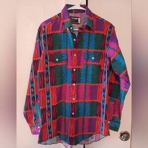 Wrangler X Long Tails Shirt Mens 15.5 34 Blue Aztec Cowboy Cut Vintage Western